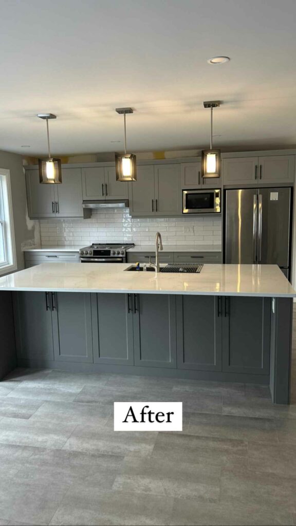 New kitchen renovation. Two tone painted wood, granite countertops