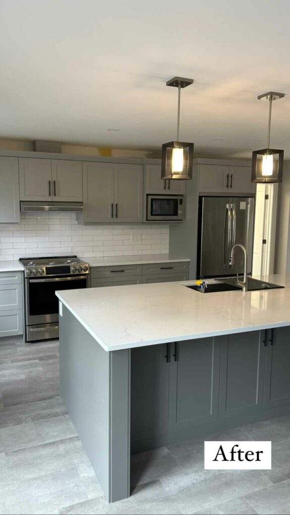 complete kitchen renovation two tones cabinets with kitchen island, new granite countertops, new flooring and lighting
